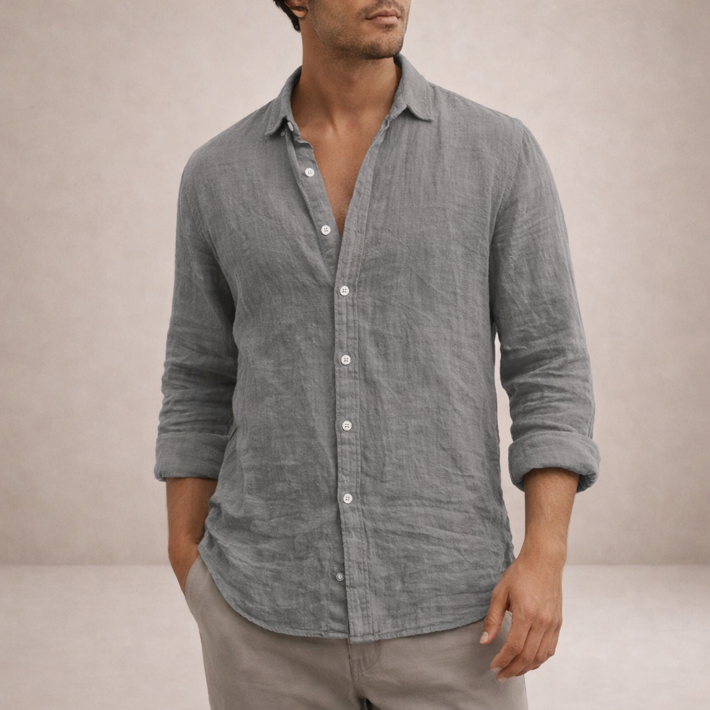 Men's Linen Button-Down Shirt with Spread Collar