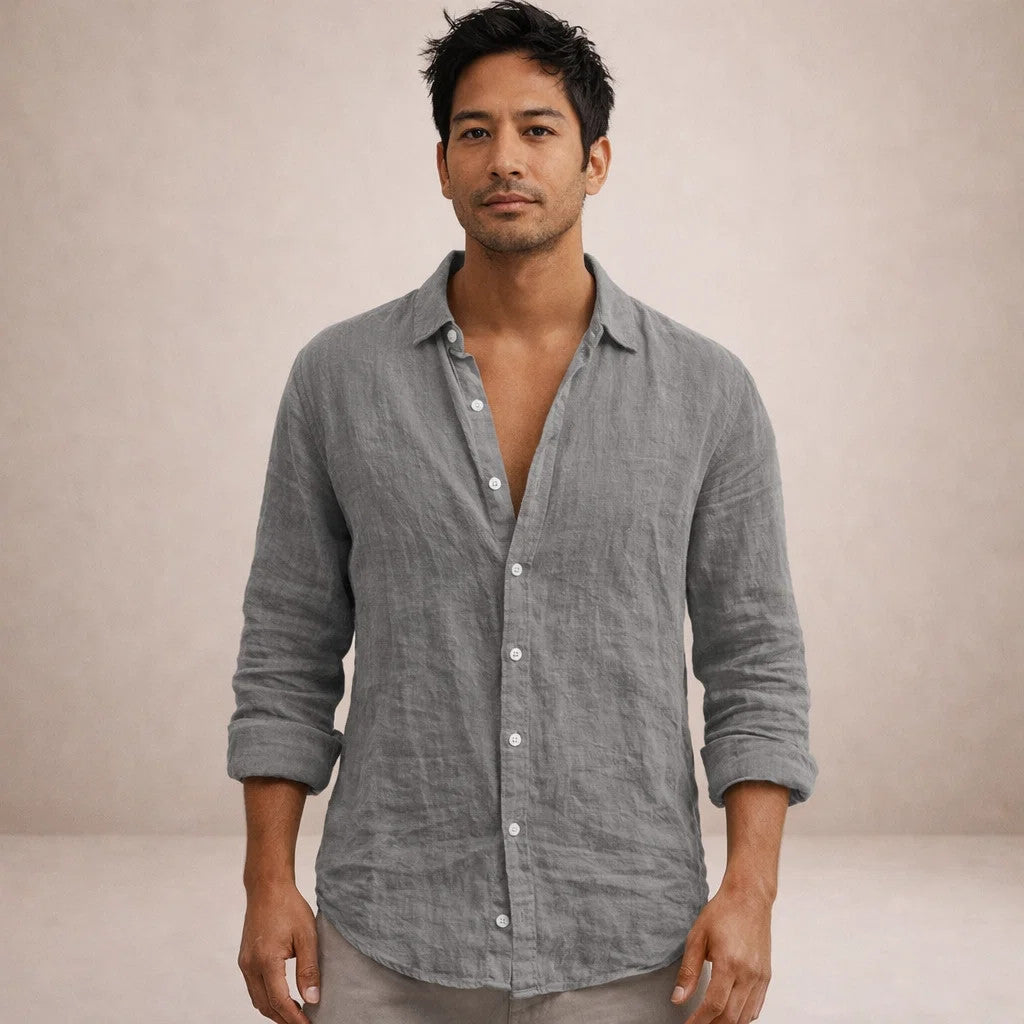 Men's Linen Button-Down Shirt with Spread Collar
