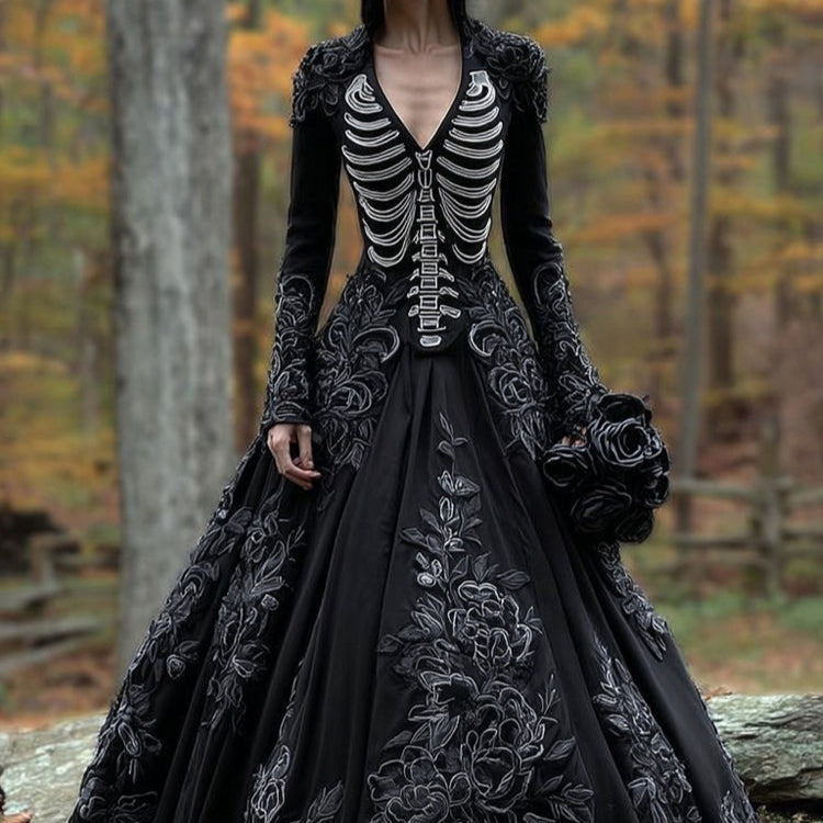 Women's Gothic Skeleton Halloween Costume Dress with Rose Embroidery
