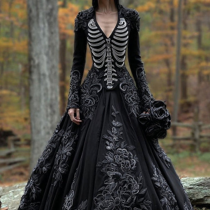 Women's Gothic Skeleton Halloween Costume Dress with Rose Embroidery