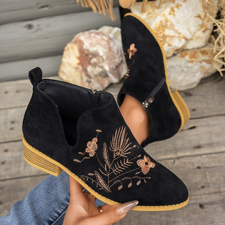 Women's Embroidered Ankle Boots with Side Zip