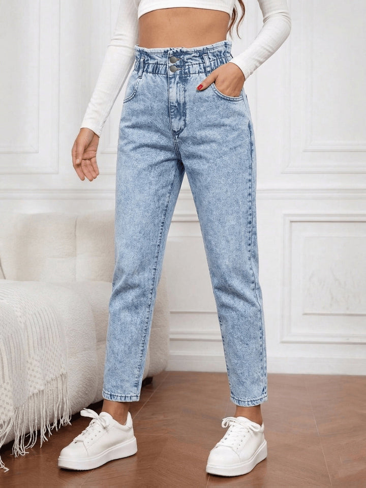 Women's Acid Wash Paperbag Waist Mom Jeans