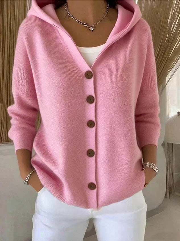 Women's Knit Hooded Cardigan with Button Front