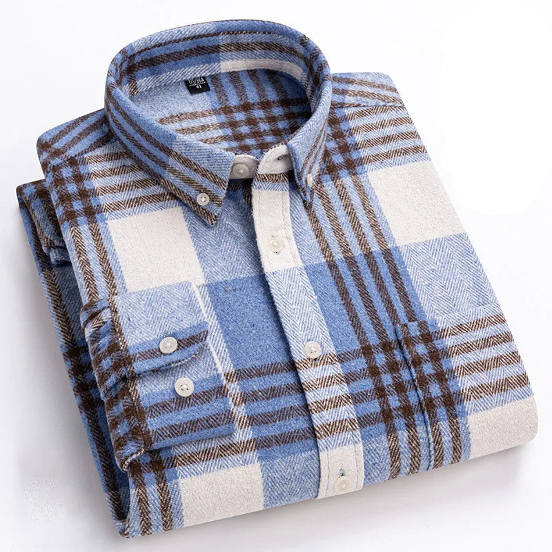 Men's Plaid Flannel Shirt with Button-Down Collar