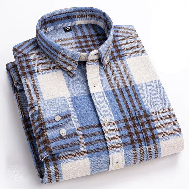Men's Plaid Flannel Shirt with Button-Down Collar