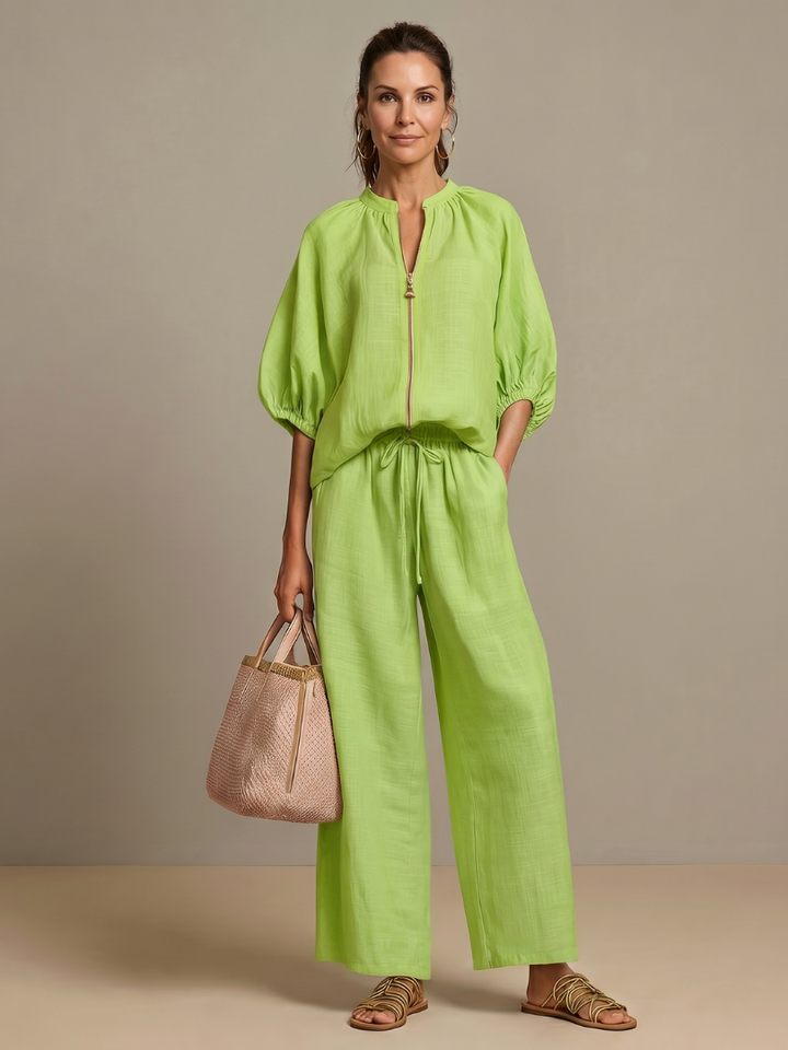 Women's Linen Zip-Neck Top and Wide-Leg Pants Set