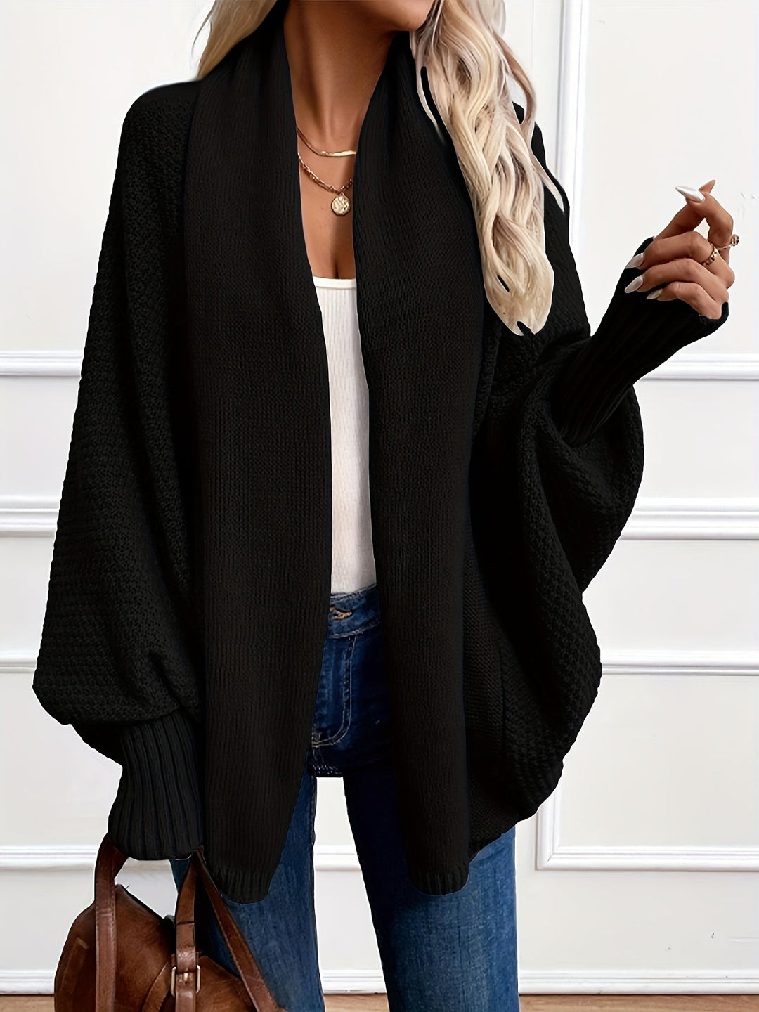 Women's Waffle Knit Waterfall Cardigan with Dolman Sleeves