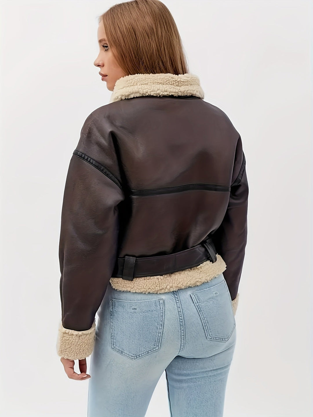 Women's Shearling-Trim Moto Jacket with Belt