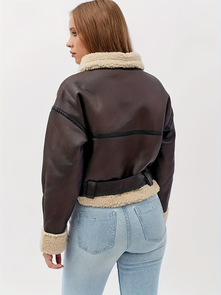 Women's Shearling-Trim Moto Jacket with Belt