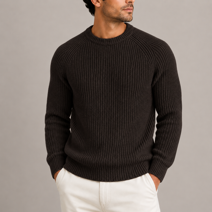 Men's Fisherman Rib Knit Sweater with Round Neckline