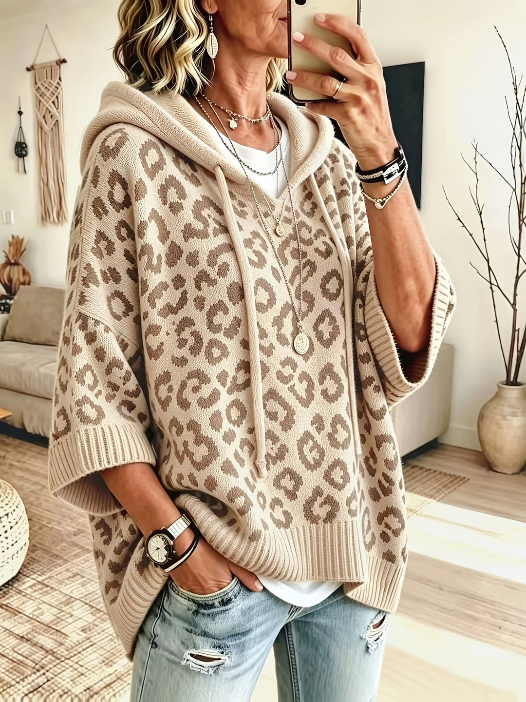 Women's Leopard Print Oversized Hoodie with Batwing Sleeves