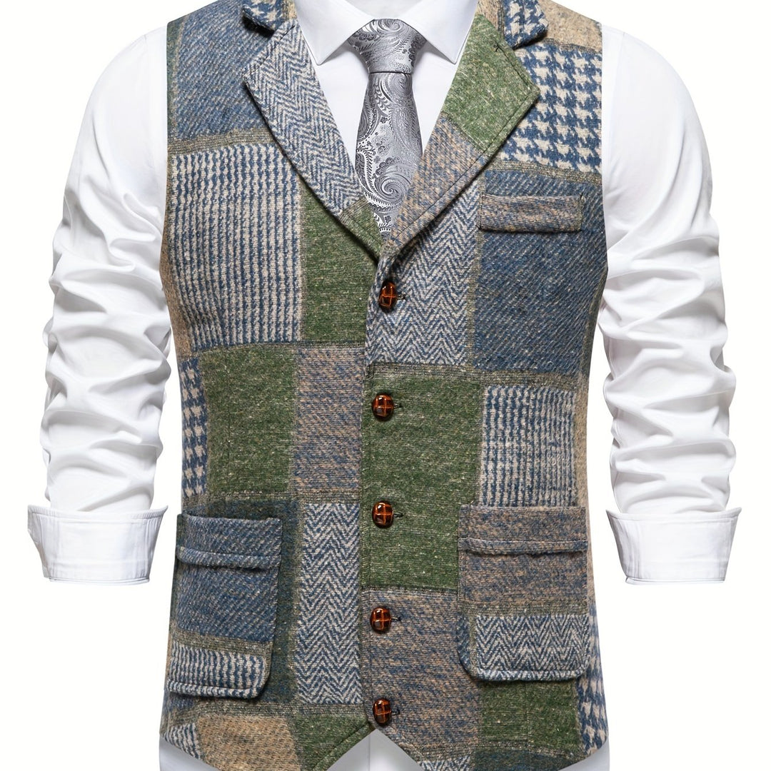 Men's Patchwork Tweed Suit Vest with Notch Lapel