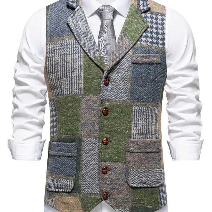 Men's Patchwork Tweed Suit Vest with Notch Lapel