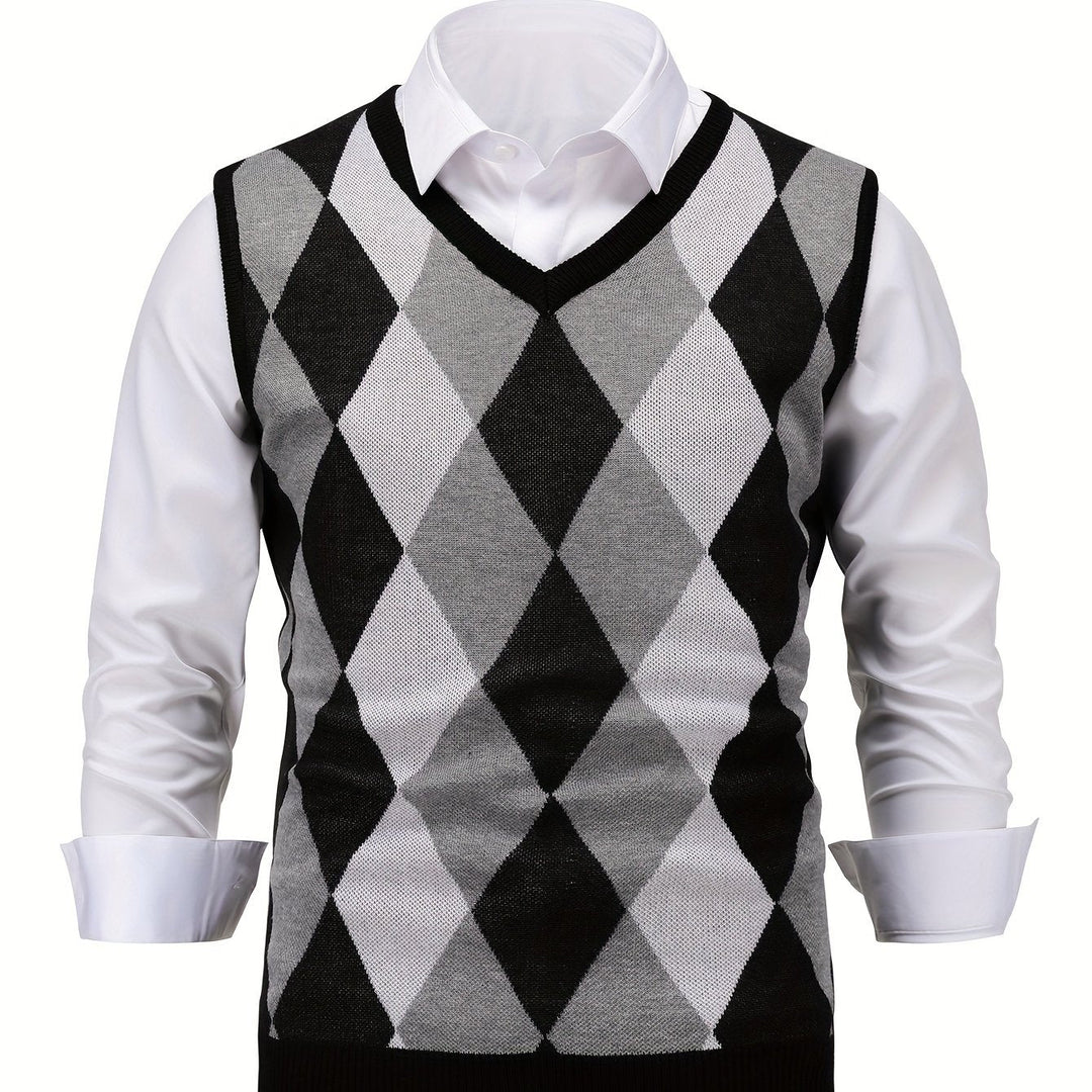 Men's Argyle Knit Sweater Vest with V-Neck
