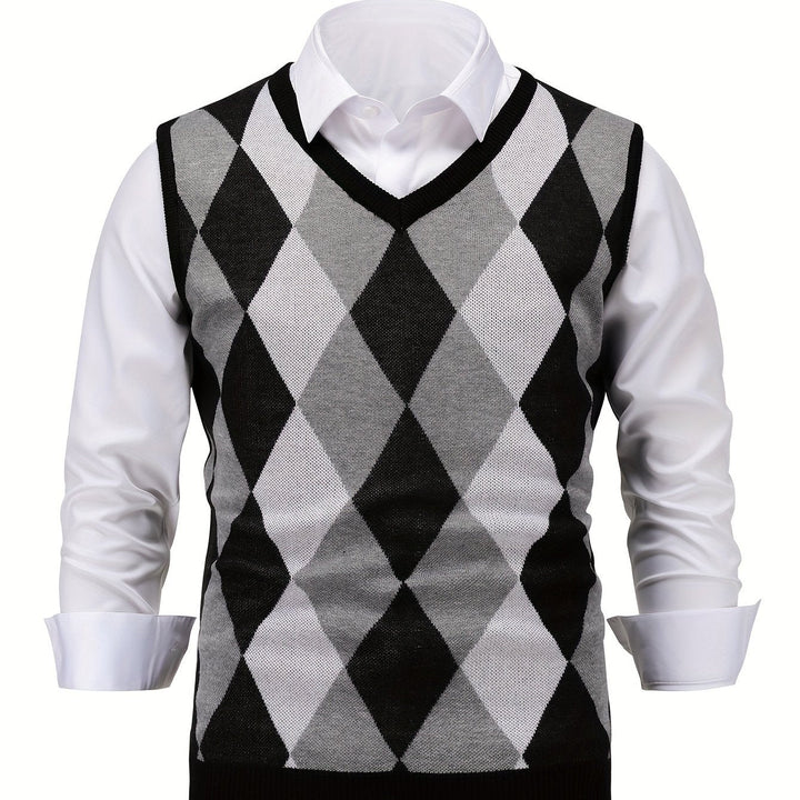 Men's Argyle Knit Sweater Vest with V-Neck