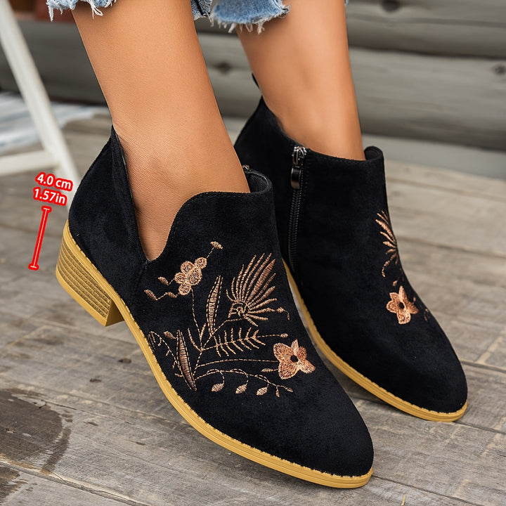 Women's Embroidered Ankle Boots with Side Zip