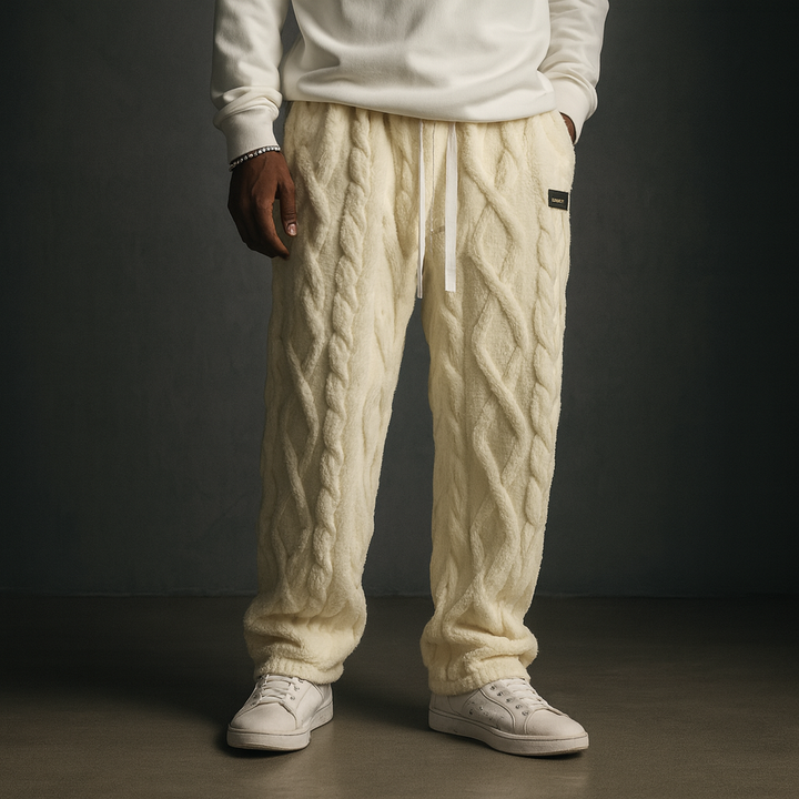 Men's Cable Knit Fleece Sweatpants with Drawstring Waist