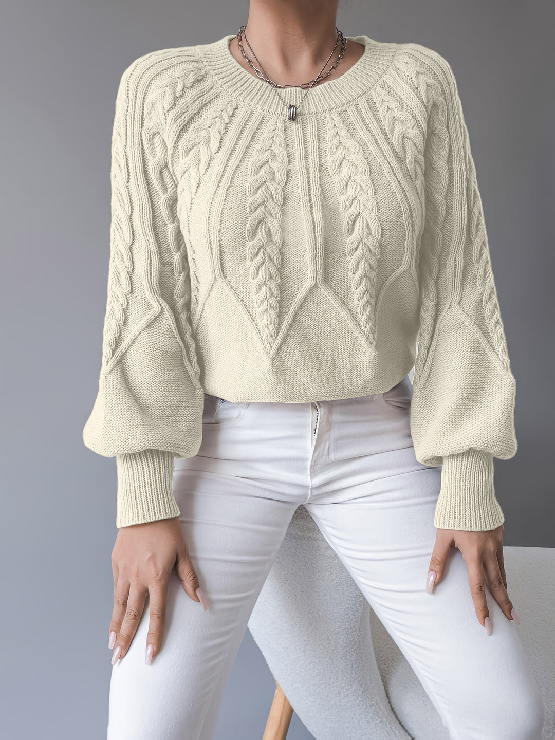 Women's Cable-Knit Cropped Sweater with Lantern Sleeves