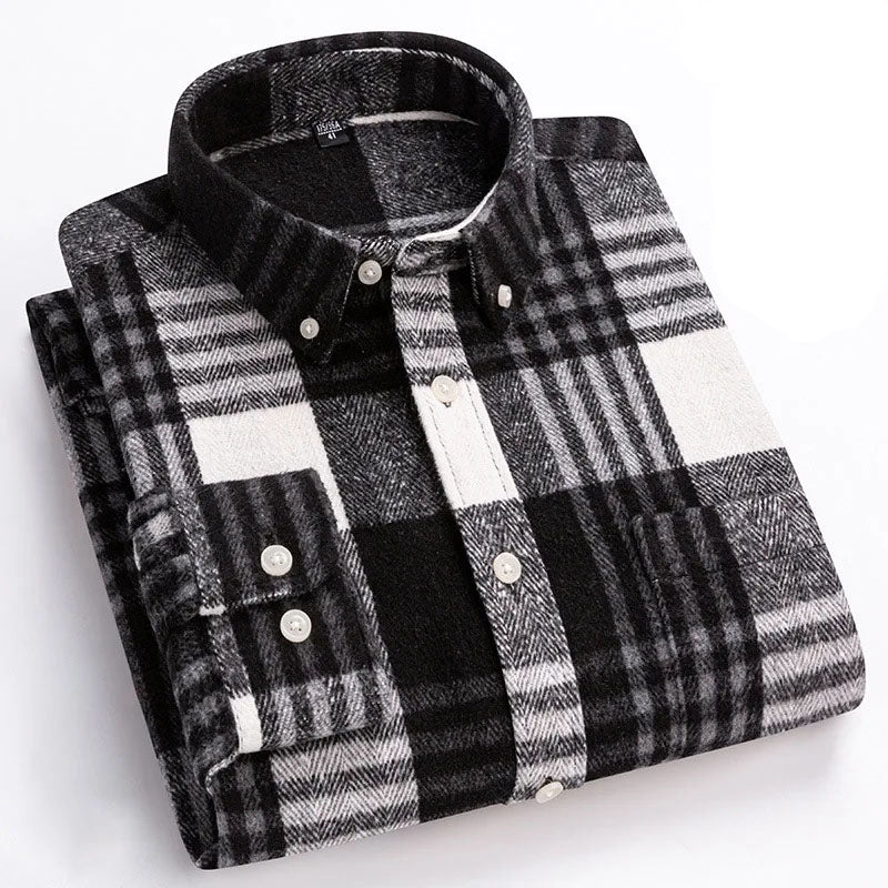 Men's Plaid Flannel Shirt with Button-Down Collar