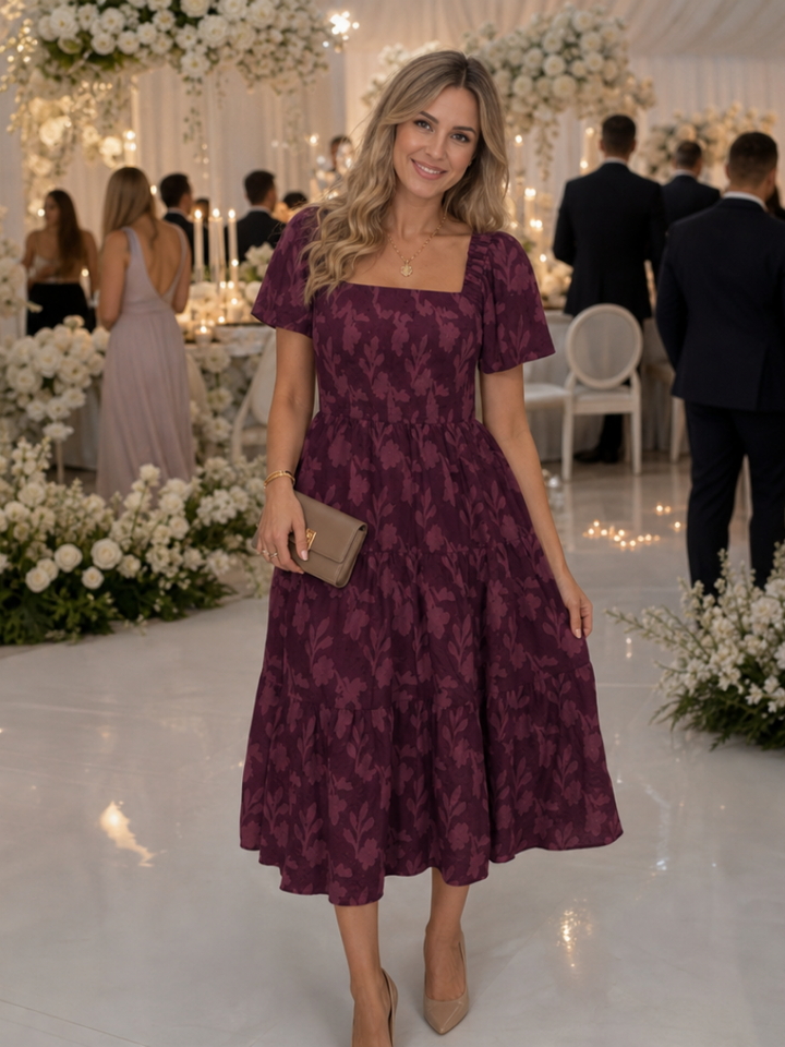 Women's Embroidered Square-Neck Tiered Midi Dress