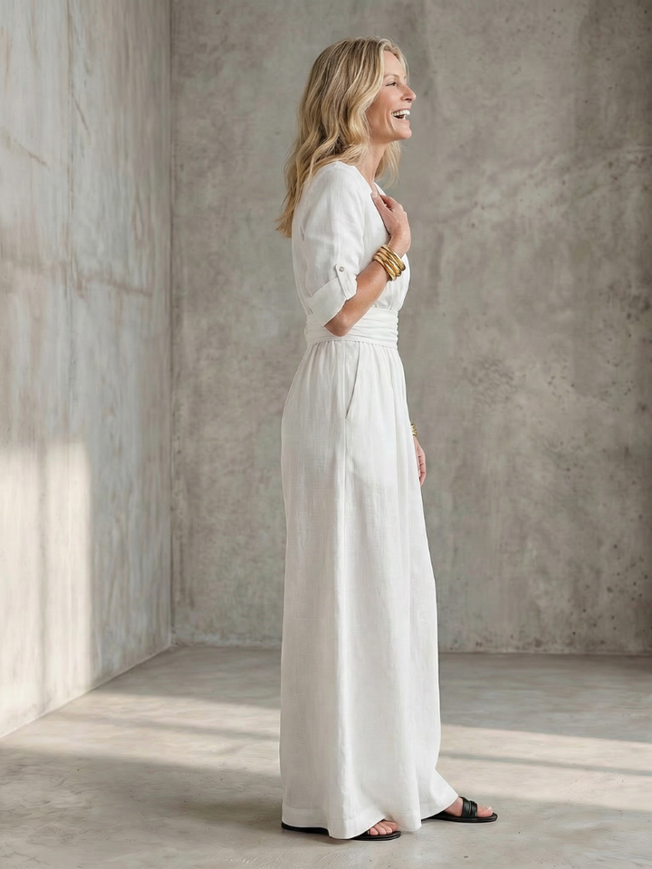 Women's Linen Wrap Jumpsuit with Wide-Leg Pants
