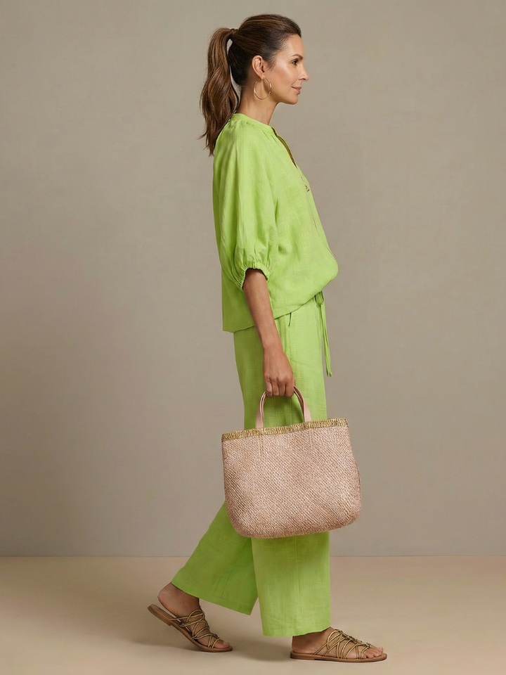 Women's Linen Zip-Neck Top and Wide-Leg Pants Set