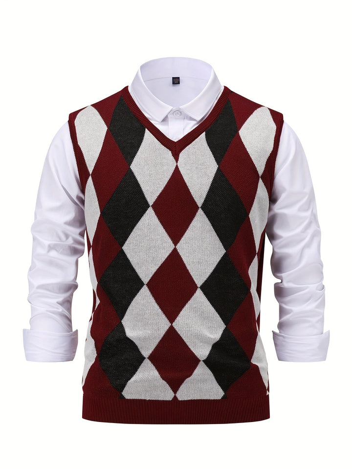 Men's Argyle Knit Sweater Vest with V-Neck