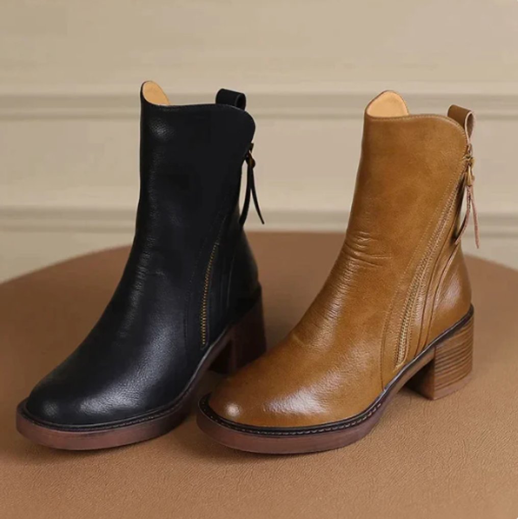 Women's Leather Block Heel Ankle Boots with Side Zipper