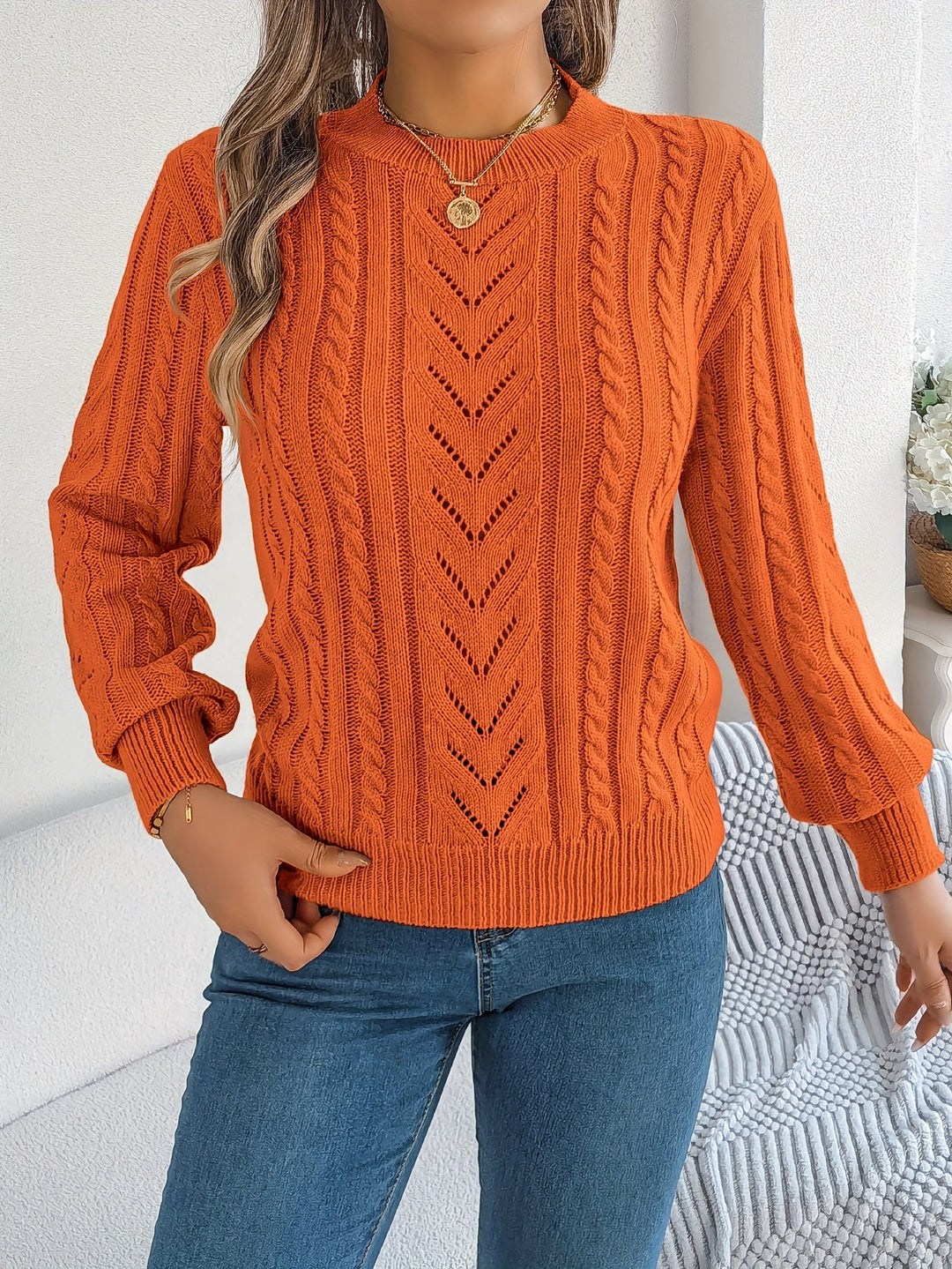 Women's Cable Knit Pointelle Sweater