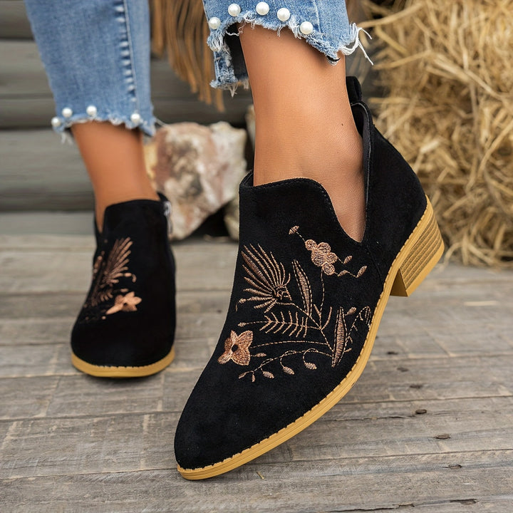 Women's Embroidered Ankle Boots with Side Zip