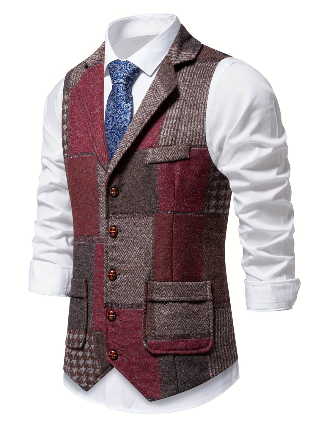 Men's Patchwork Tweed Suit Vest with Notch Lapel