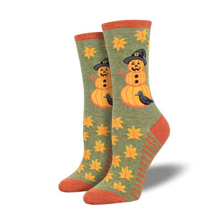 Halloween Pumpkin Witch Crew Socks with Maple Leaf Print