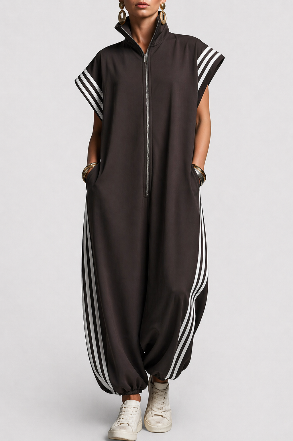 Women's Zip-Up Sleeveless Jumpsuit with Stripe Detail