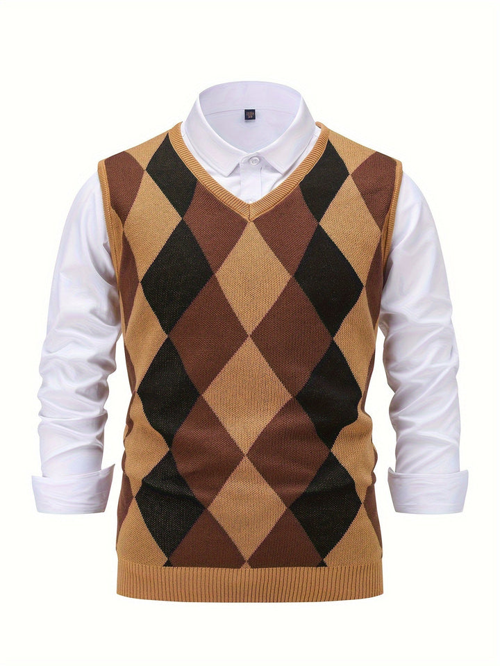 Men's Argyle Knit Sweater Vest with V-Neck