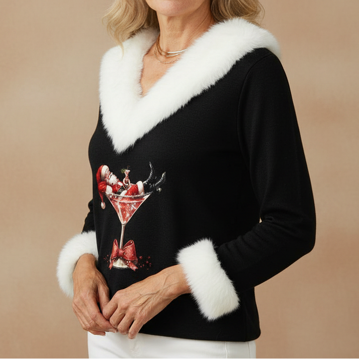 Women's Velour Knit Christmas Sweater with Fur Trim V-Neck