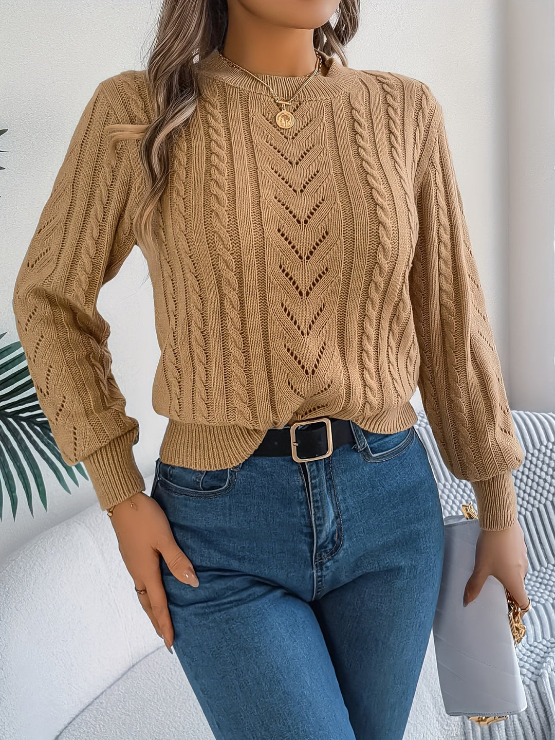 Women's Cable Knit Pointelle Sweater