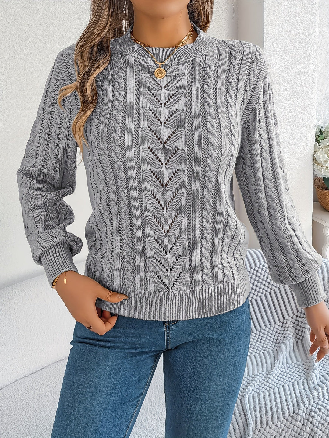 Women's Cable Knit Pointelle Sweater
