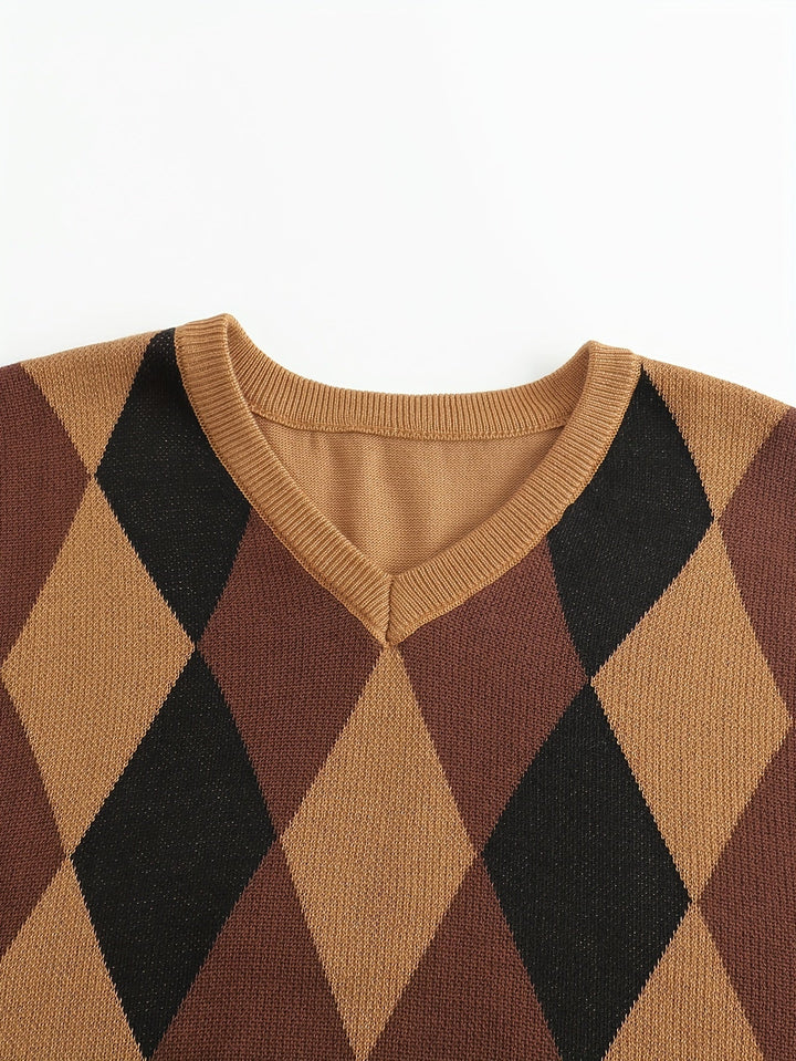 Men's Argyle Knit Sweater Vest with V-Neck