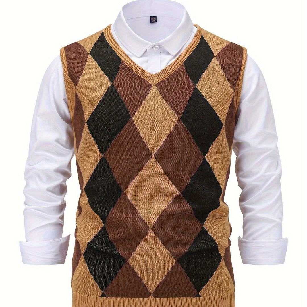 Men's Argyle Knit Sweater Vest with V-Neck