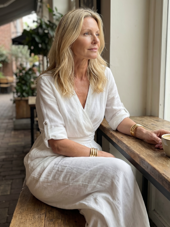 Women's Linen Wrap Jumpsuit with Wide-Leg Pants