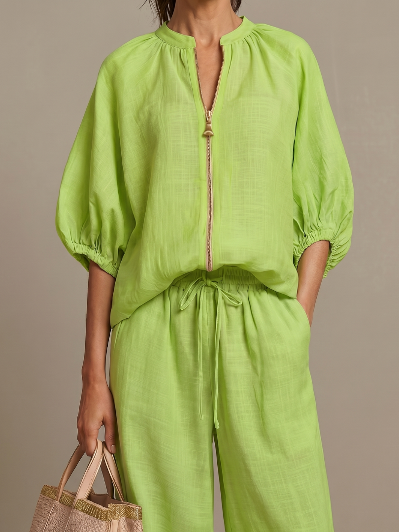 Women's Linen Zip-Neck Top and Wide-Leg Pants Set