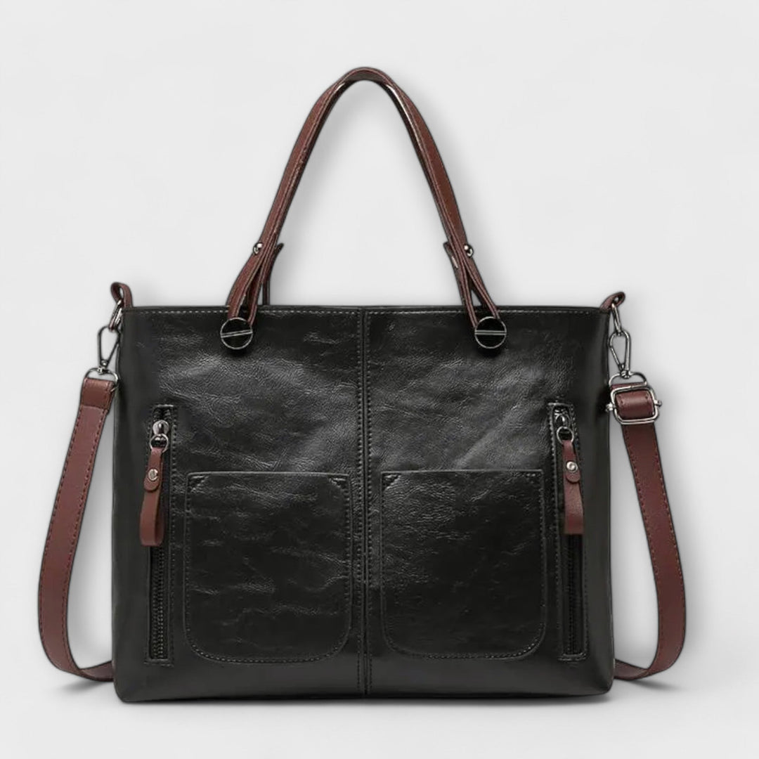 Women's Leather Tote Bag with Front Zip Pockets