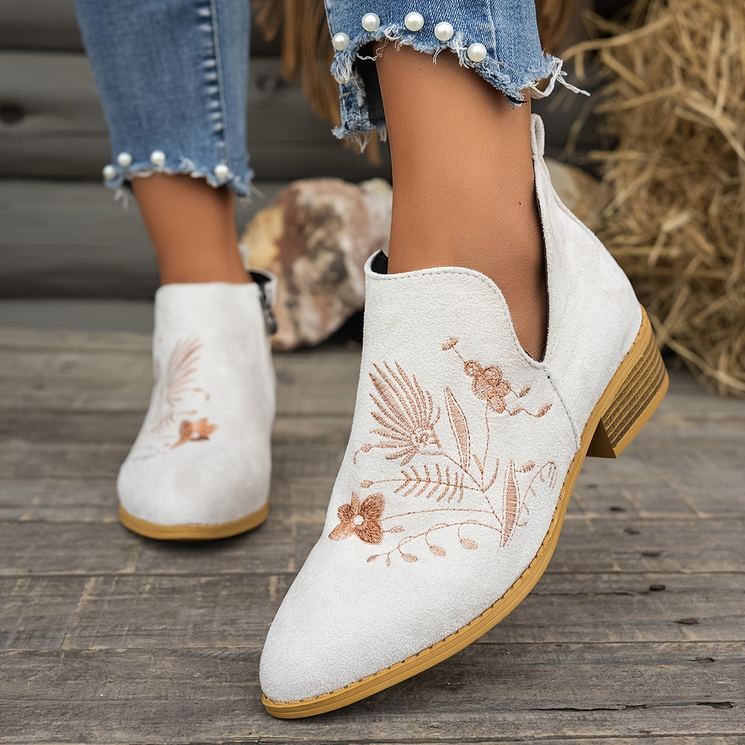 Women's Embroidered Ankle Boots with Side Zip