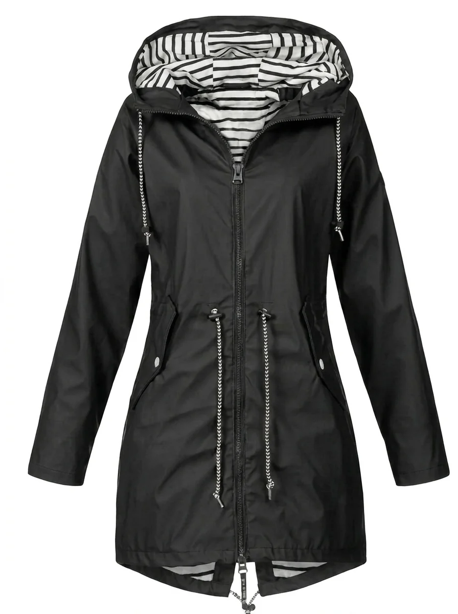 Women's Water-Resistant Hooded Rain Coat with Drawstring Waist