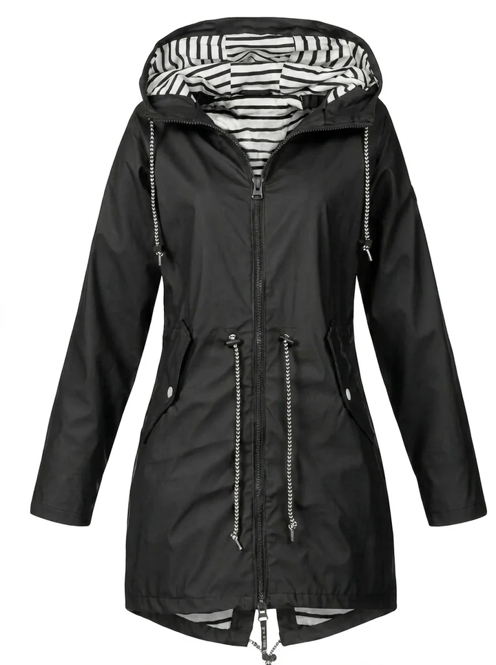 Women's Water-Resistant Hooded Rain Coat with Drawstring Waist