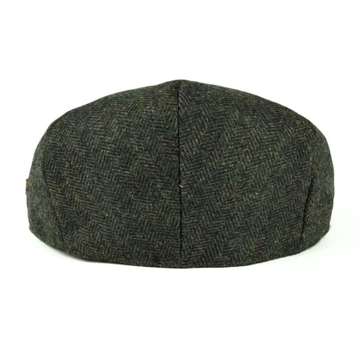 Men's Wool Herringbone Flat Cap with Side Button Tab