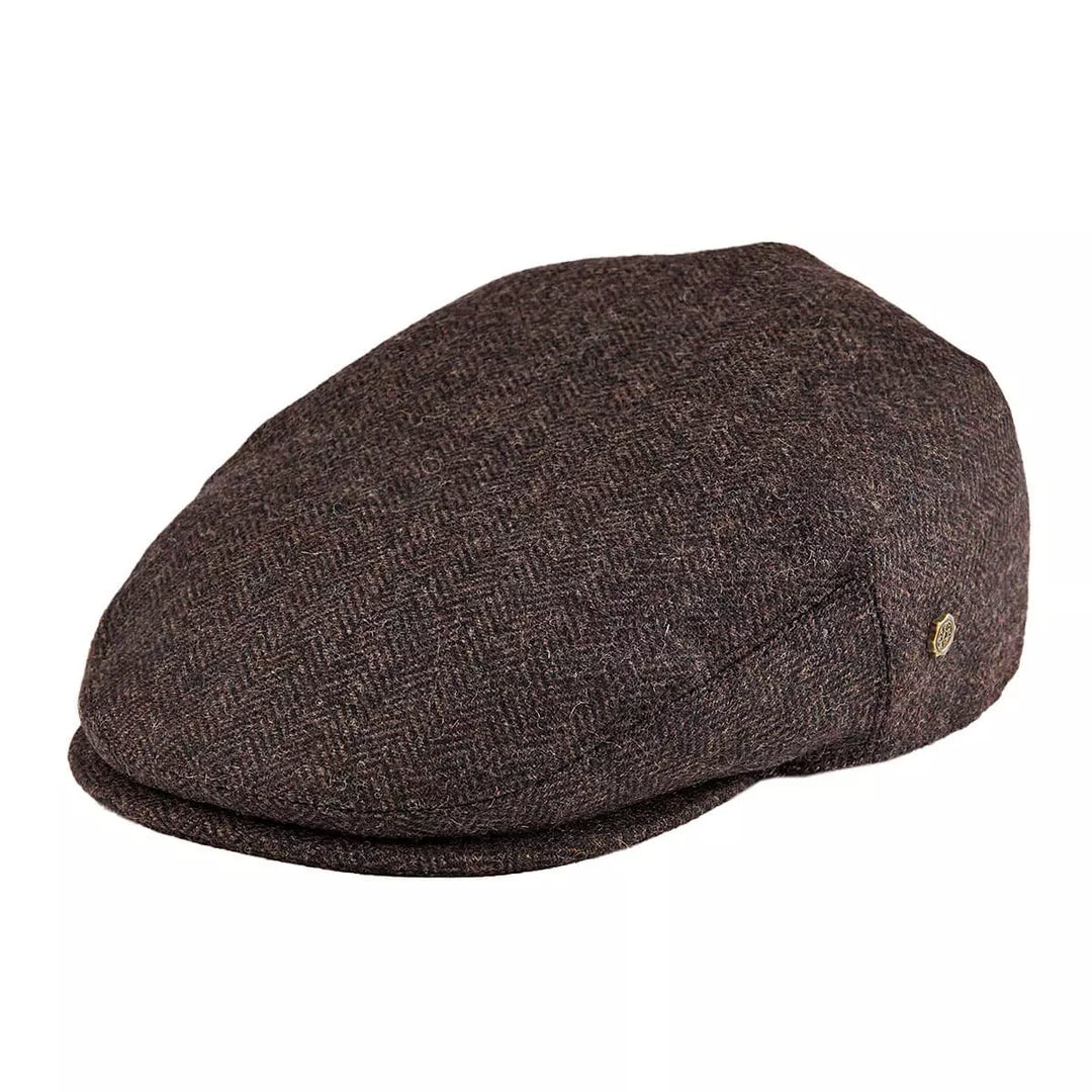 Men's Wool Herringbone Flat Cap with Side Button Tab