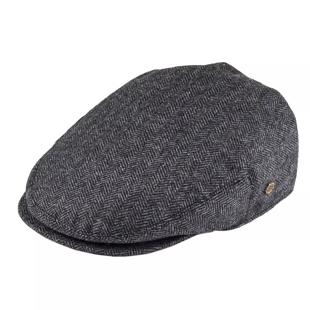 Men's Wool Herringbone Flat Cap with Side Button Tab