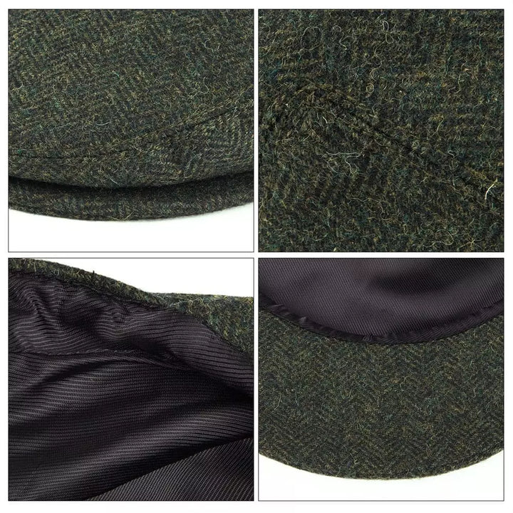 Men's Wool Herringbone Flat Cap with Side Button Tab