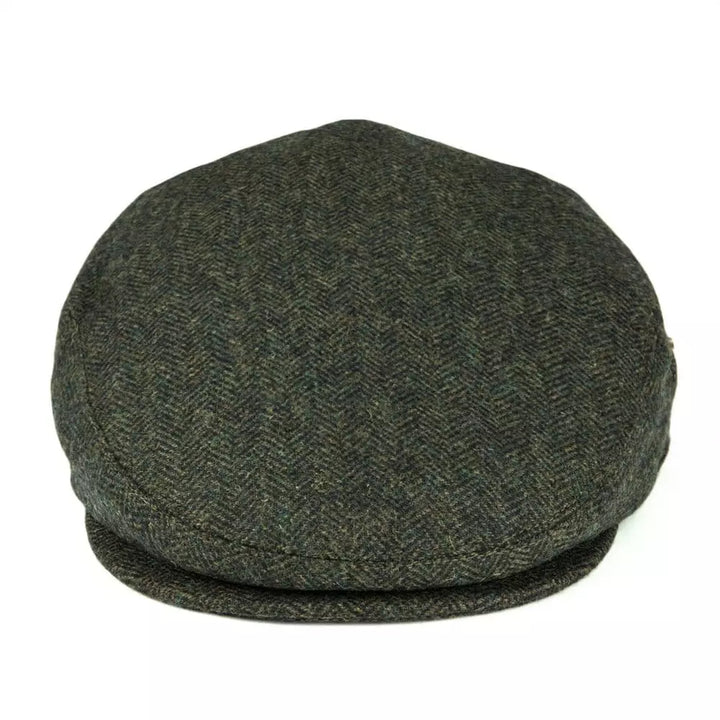Men's Wool Herringbone Flat Cap with Side Button Tab